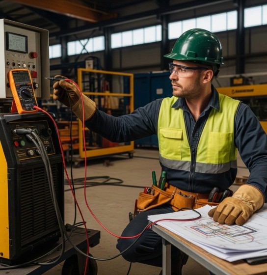 técnico de soldadoras realizando mediciones con multimetro