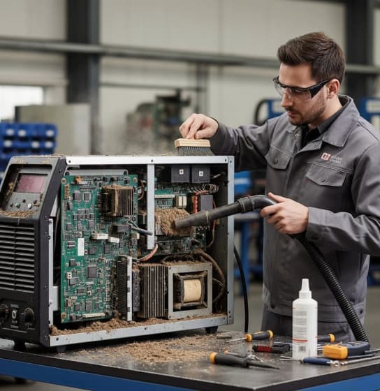 Especialista haciendo mantencion a soldadora